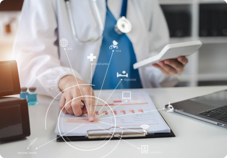 Doctor analyzing data on digital tablet clipboard.